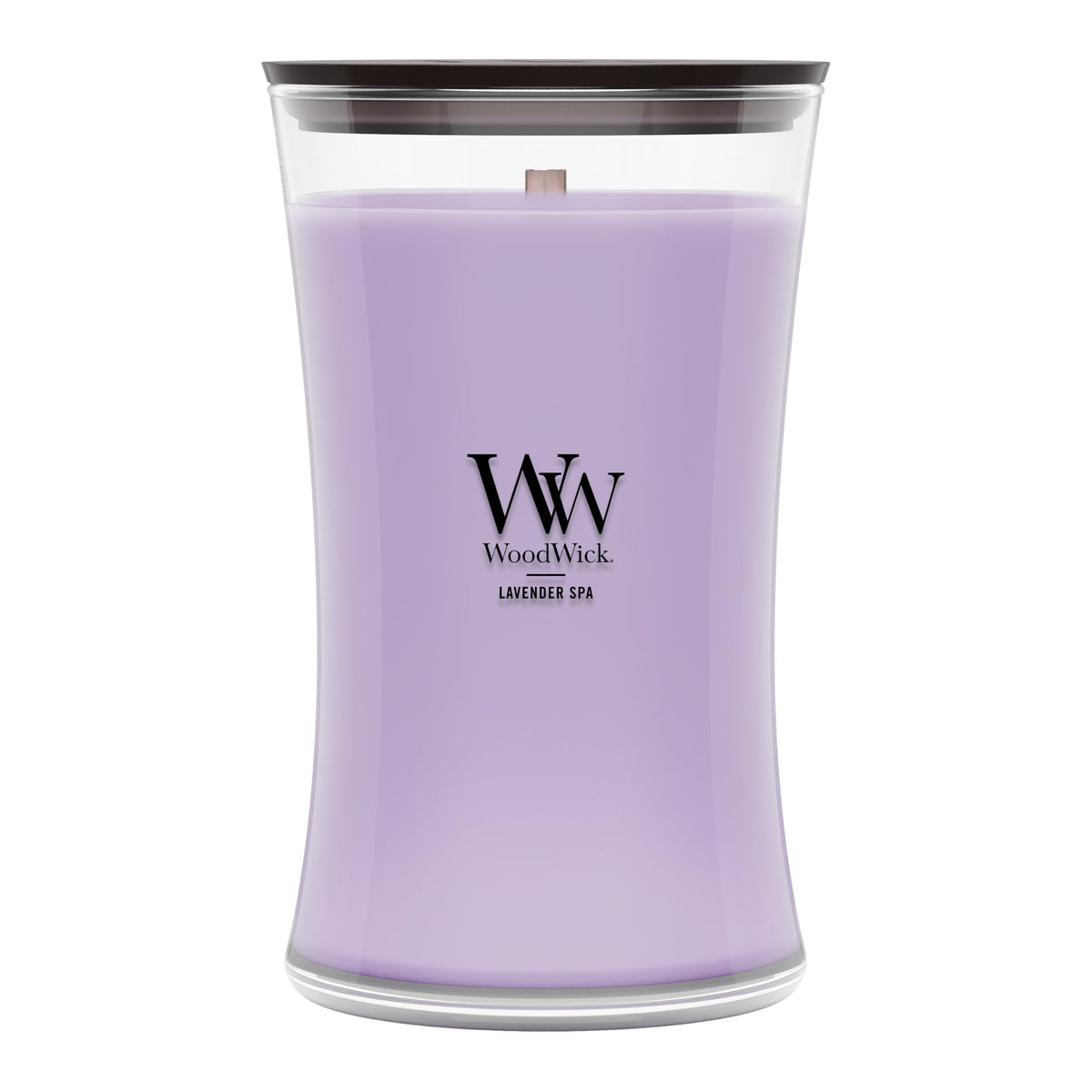 WoodWick(ウッドウィック) front jar view showing calming lavender scent and decorative hourglass