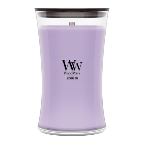 WoodWick(ウッドウィック) front jar view showing calming lavender scent and decorative hourglass