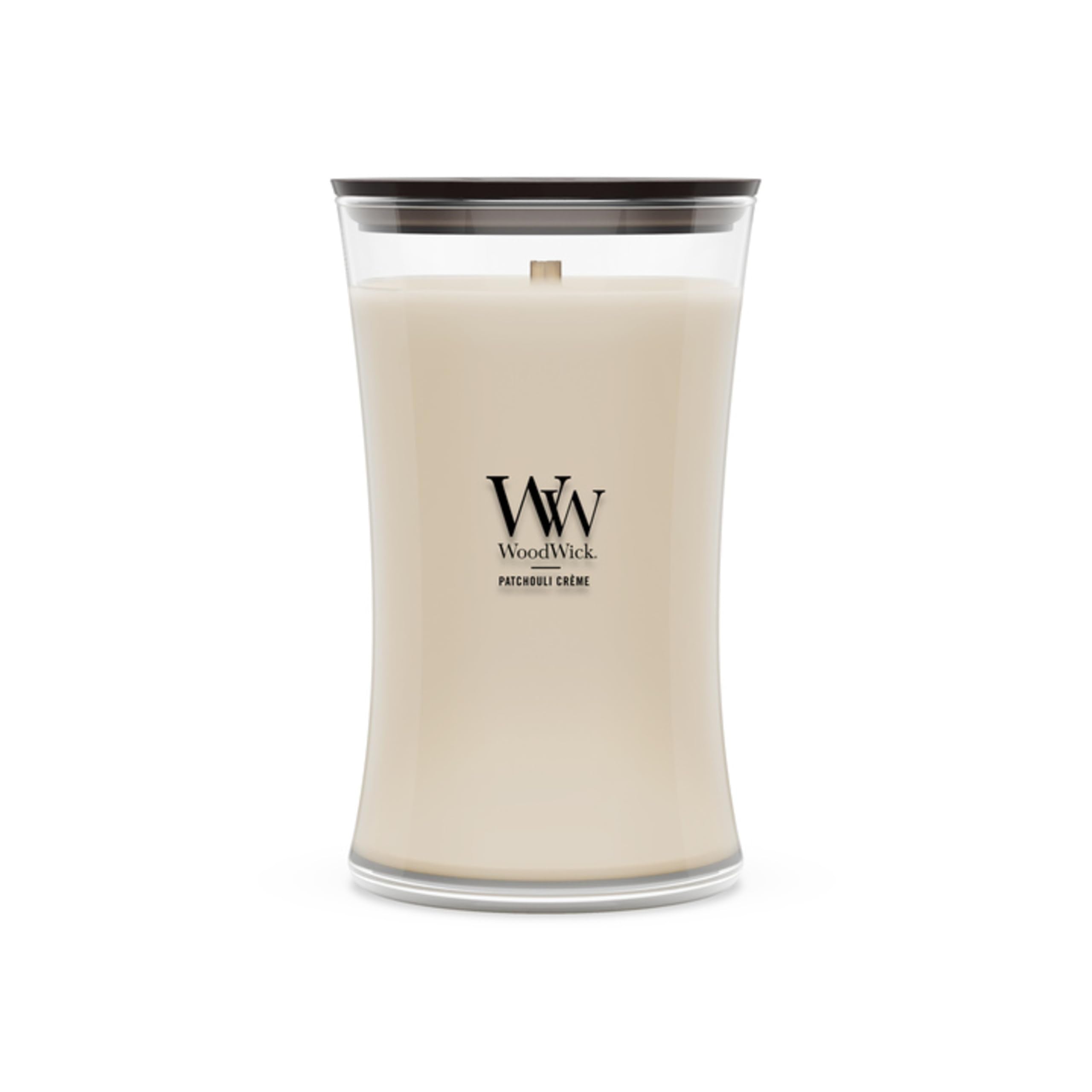 WoodWick Patchouli Crème front packaging showing hourglass jar and label benefit: stylish display