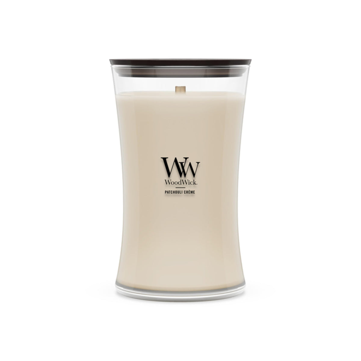 WoodWick Patchouli Crème front packaging showing hourglass jar and label benefit: stylish display