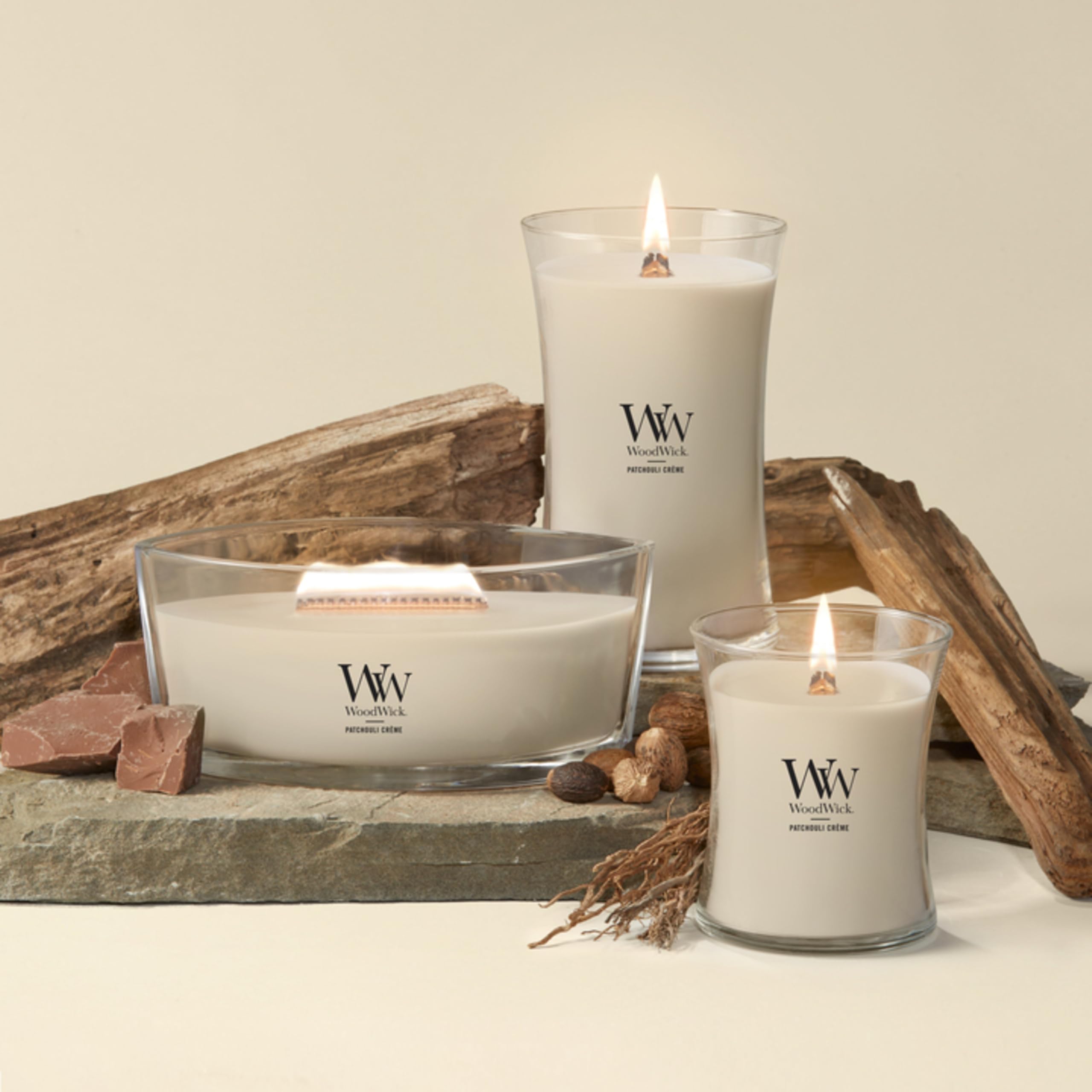 WoodWick Patchouli Crème gift-ready presentation showing premium gift suitability benefit