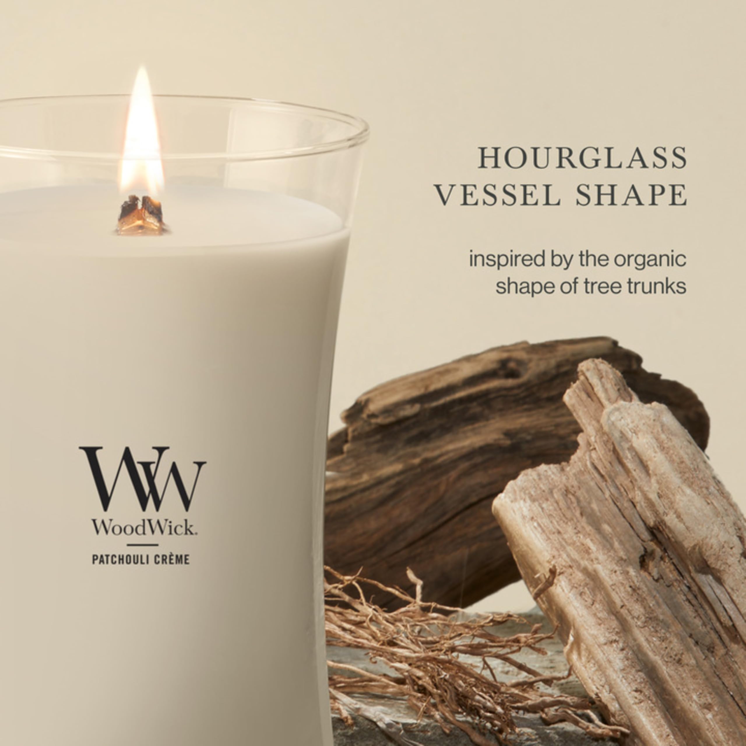 WoodWick Patchouli Crème melted wax pool view showing even burn and scent release benefit