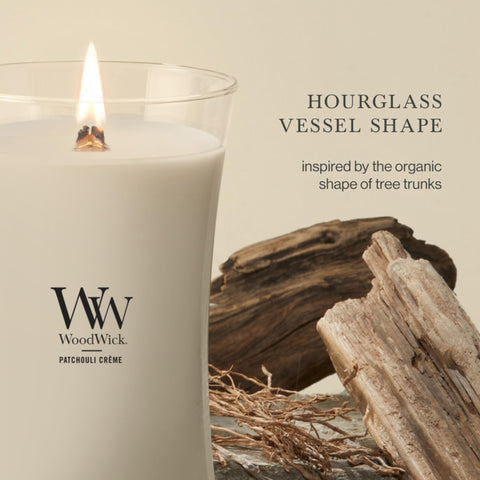 WoodWick Patchouli Crème melted wax pool view showing even burn and scent release benefit