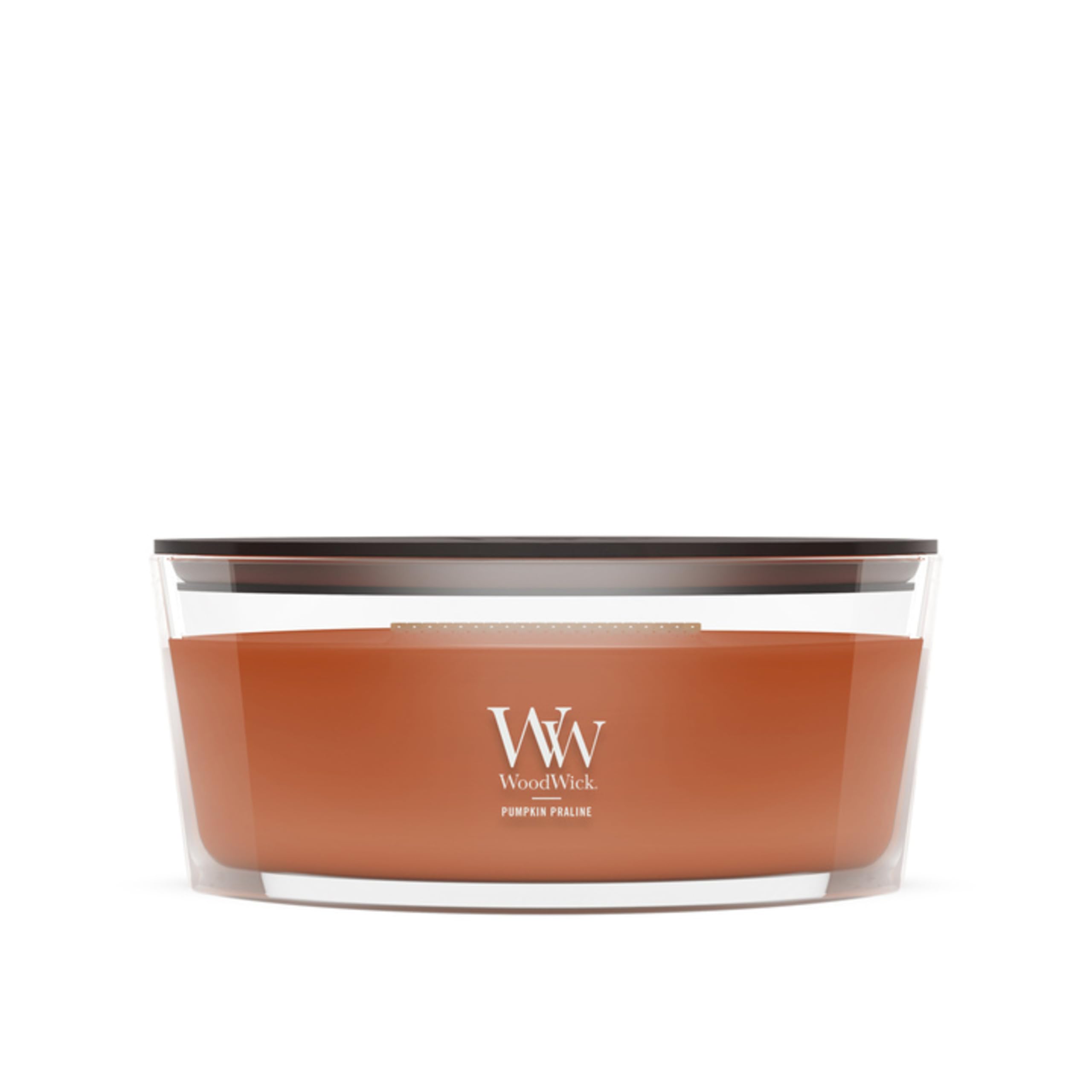 WoodWick(ウッドウィック) front jar view showing pumpkin praline fragrance and gift-ready look