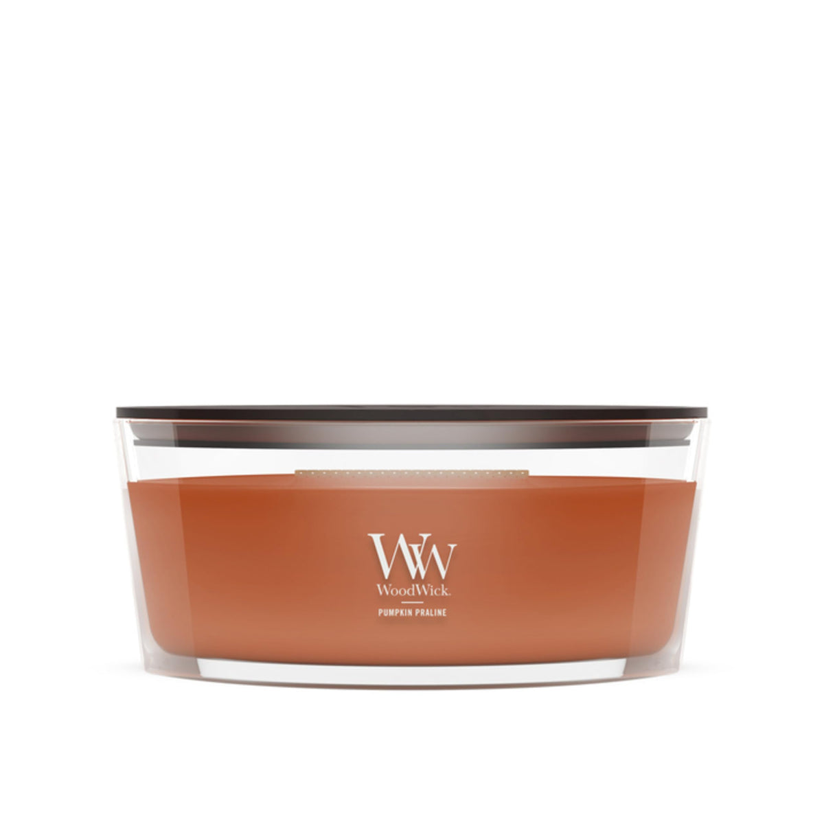 WoodWick(ウッドウィック) front jar view showing pumpkin praline fragrance and gift-ready look