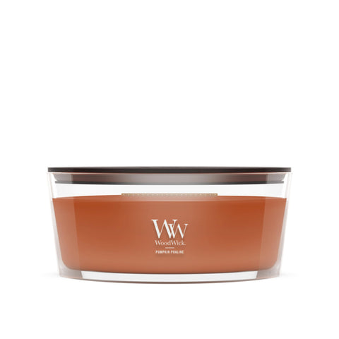 WoodWick(ウッドウィック) front jar view showing pumpkin praline fragrance and gift-ready look