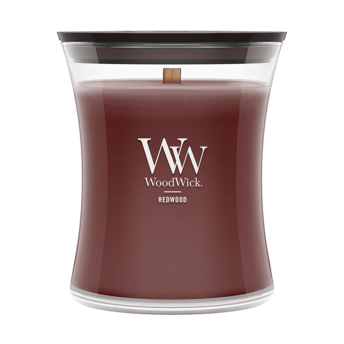 WoodWick Redwood hourglass front packaging showing label and size benefit