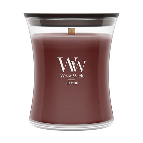 WoodWick Redwood hourglass front packaging showing label and size benefit