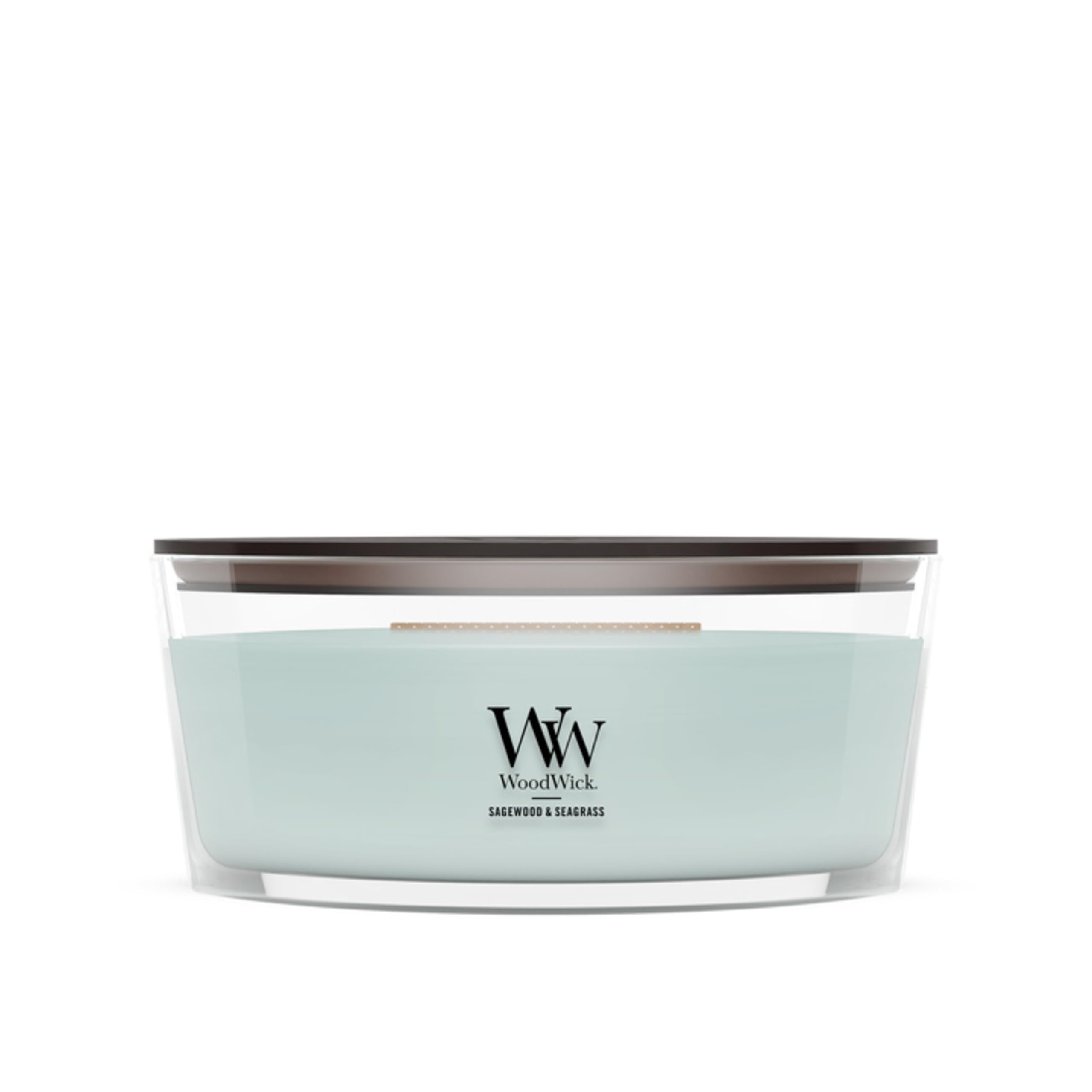 WoodWick Sagewood & Seagrass front view showing elegant ellipse vessel and fragrance