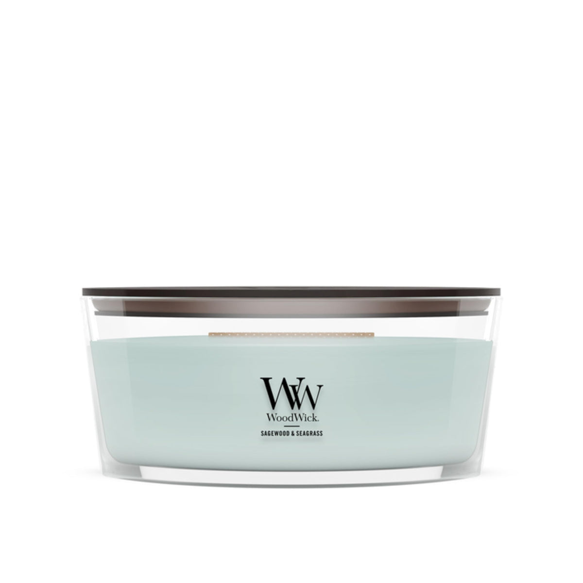 WoodWick Sagewood & Seagrass front view showing elegant ellipse vessel and fragrance