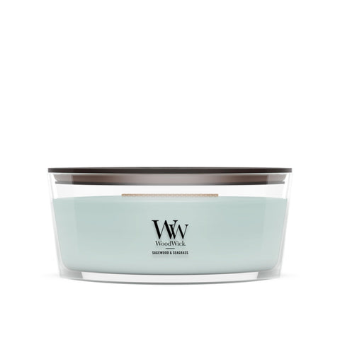 WoodWick Sagewood & Seagrass front view showing elegant ellipse vessel and fragrance