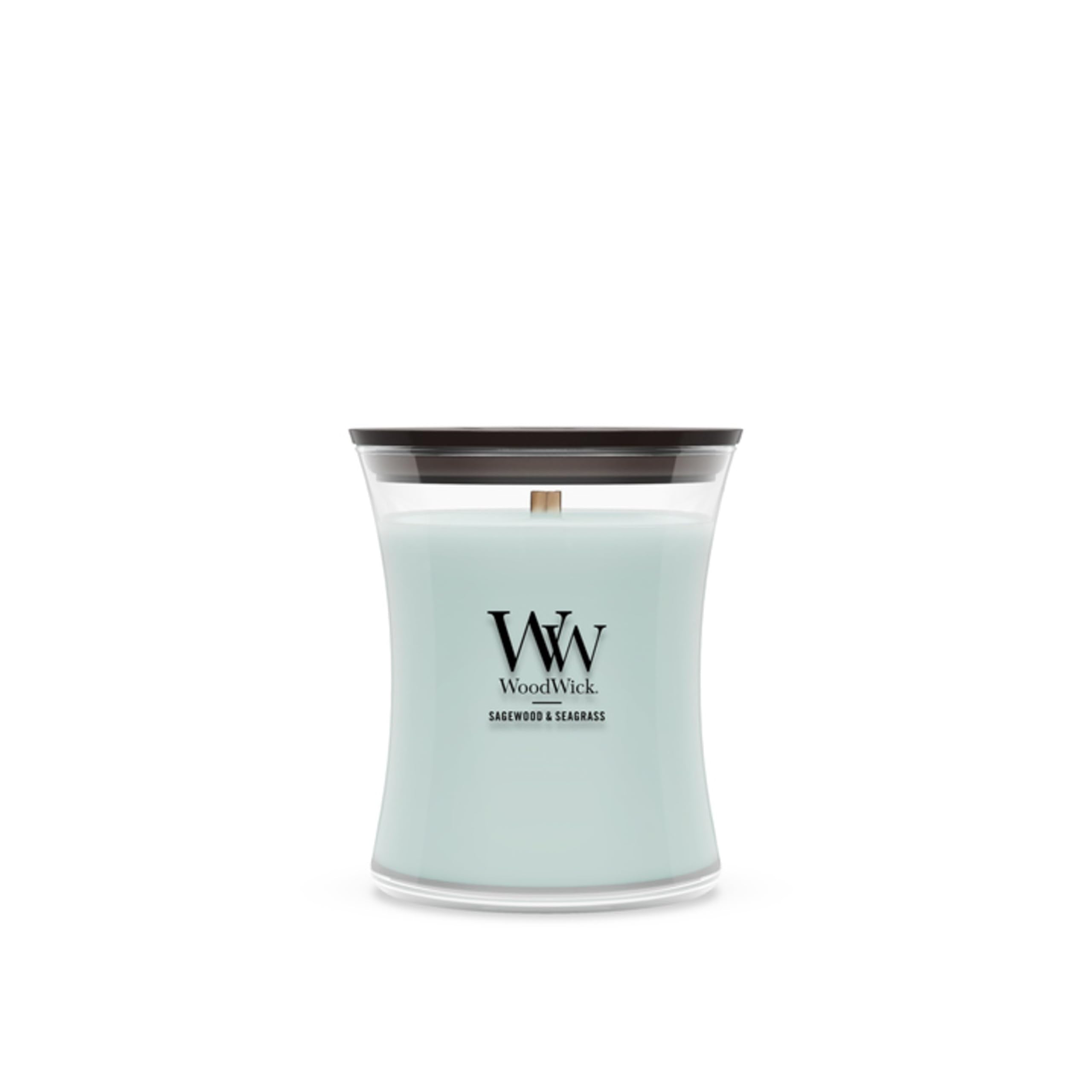 WoodWick(ウッドウィック) front packaging showing scent and hourglass, inviting ambiance