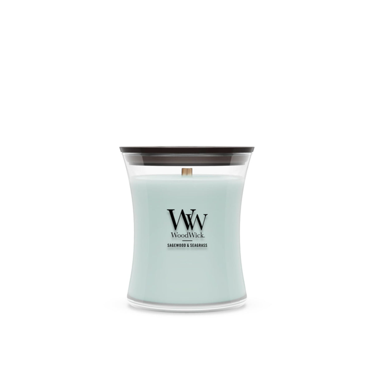 WoodWick(ウッドウィック) front packaging showing scent and hourglass, inviting ambiance