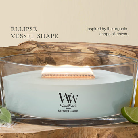 WoodWick label and glass texture detail highlighting premium design and quality finish