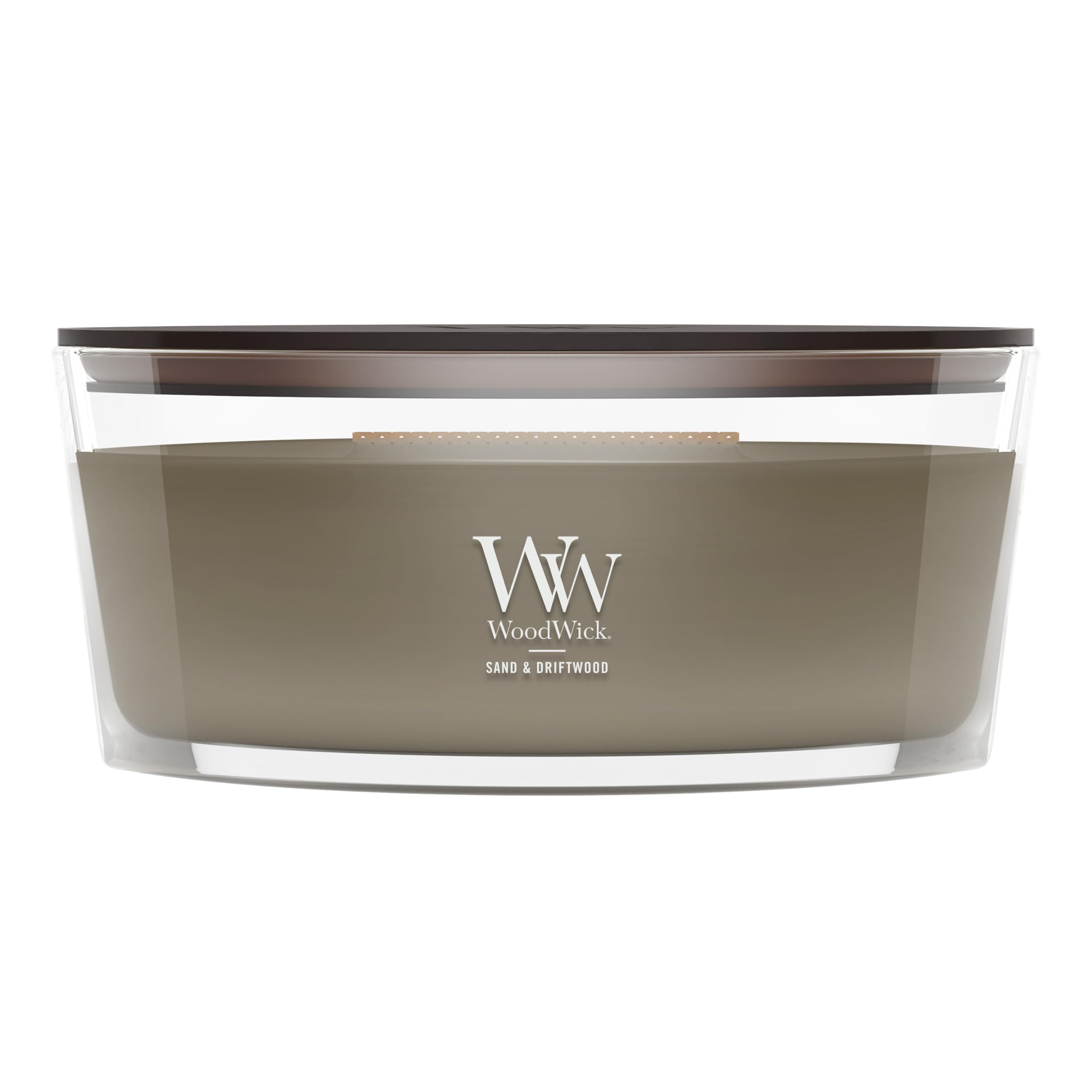 WoodWick(ウッドウィック) front view ellipse candle showing label and shape benefit cozy decor