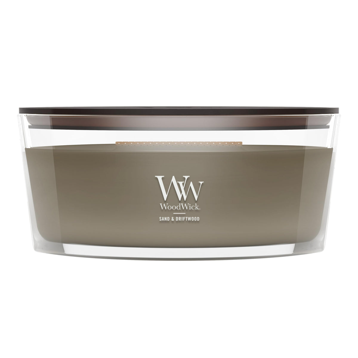 WoodWick(ウッドウィック) front view ellipse candle showing label and shape benefit cozy decor