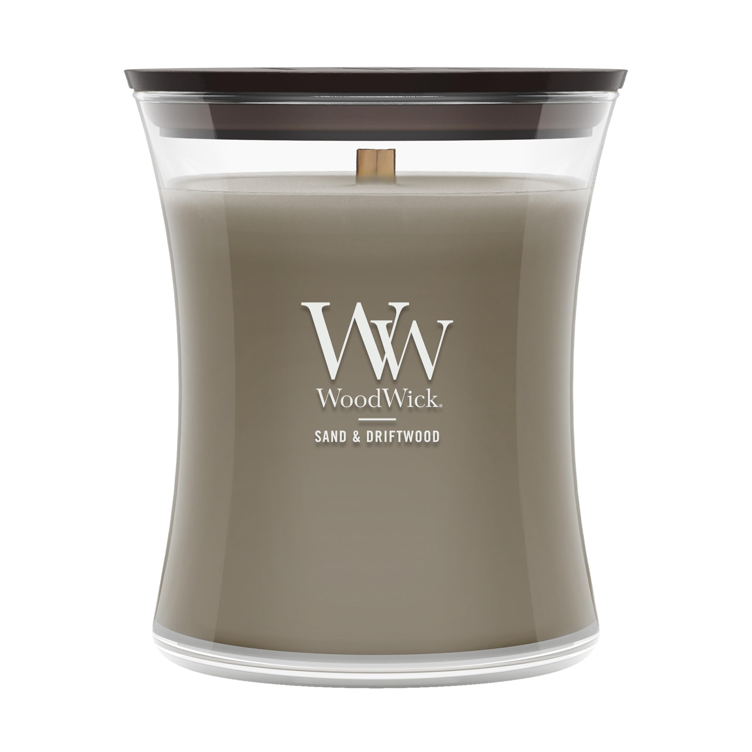 WoodWick Sand & Driftwood hourglass candle front view showing coastal design and scent