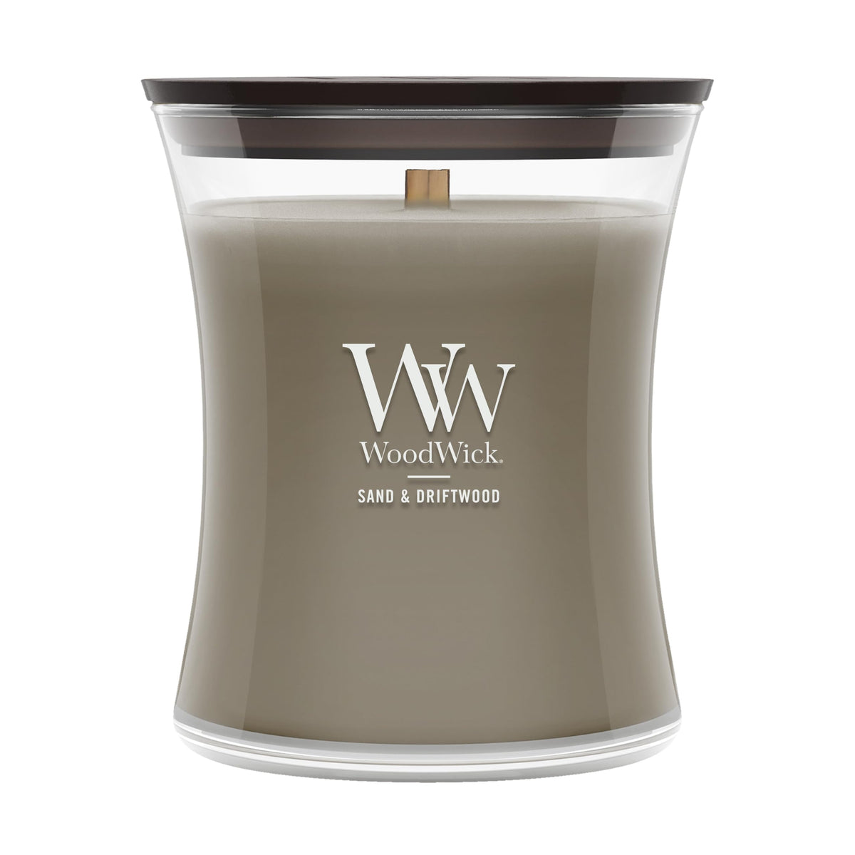 WoodWick Sand & Driftwood hourglass candle front view showing coastal design and scent