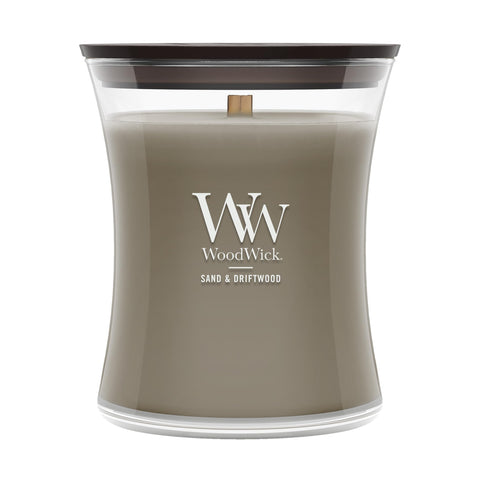 WoodWick Sand & Driftwood hourglass candle front view showing coastal design and scent
