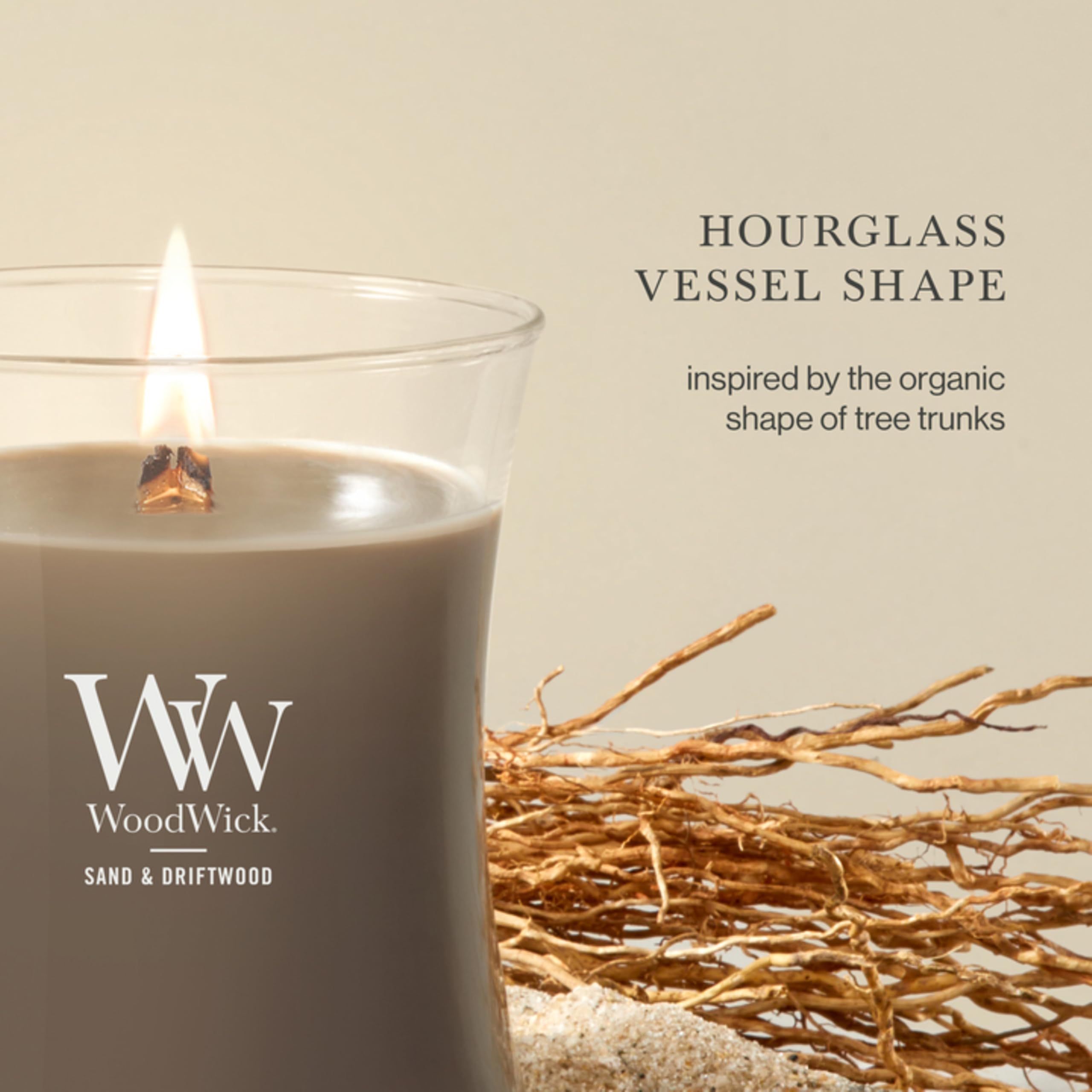 WoodWick product label close-up listing fragrance notes and clean-burning benefit