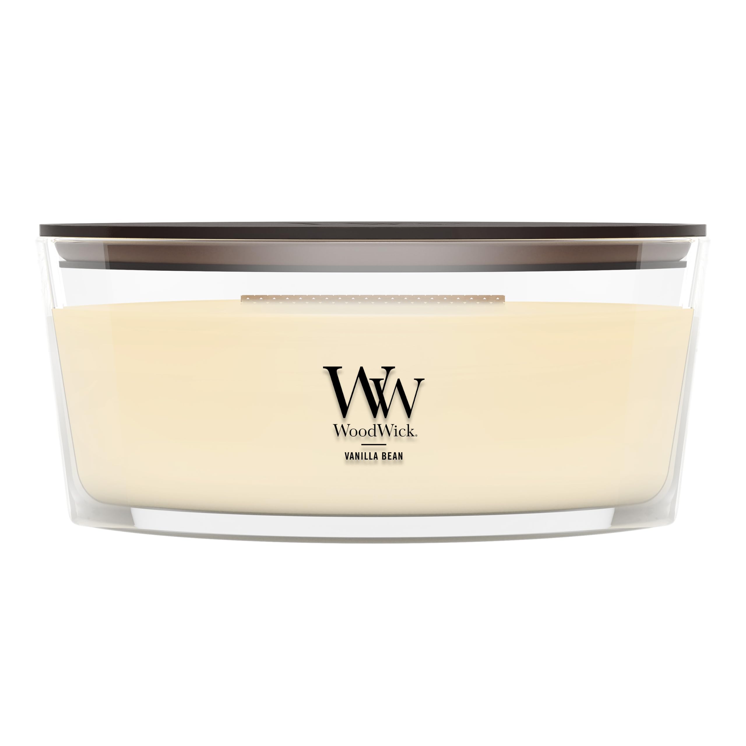 WoodWick(ウッドウィック) front packaging showing elegant vanilla scent, inviting atmosphere