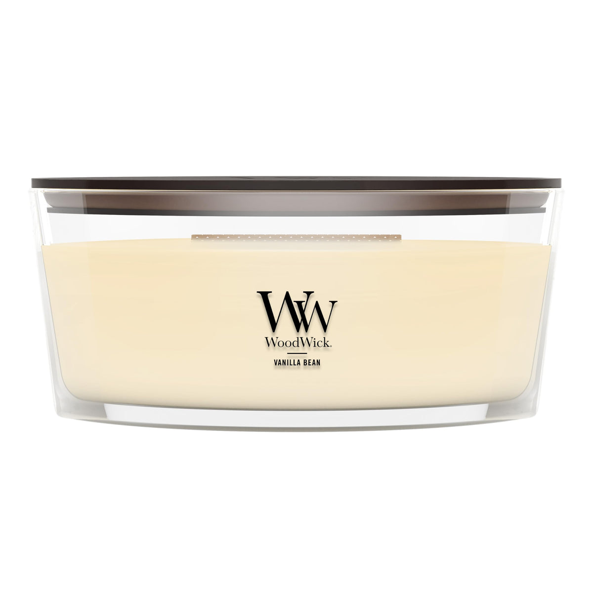 WoodWick(ウッドウィック) front packaging showing elegant vanilla scent, inviting atmosphere