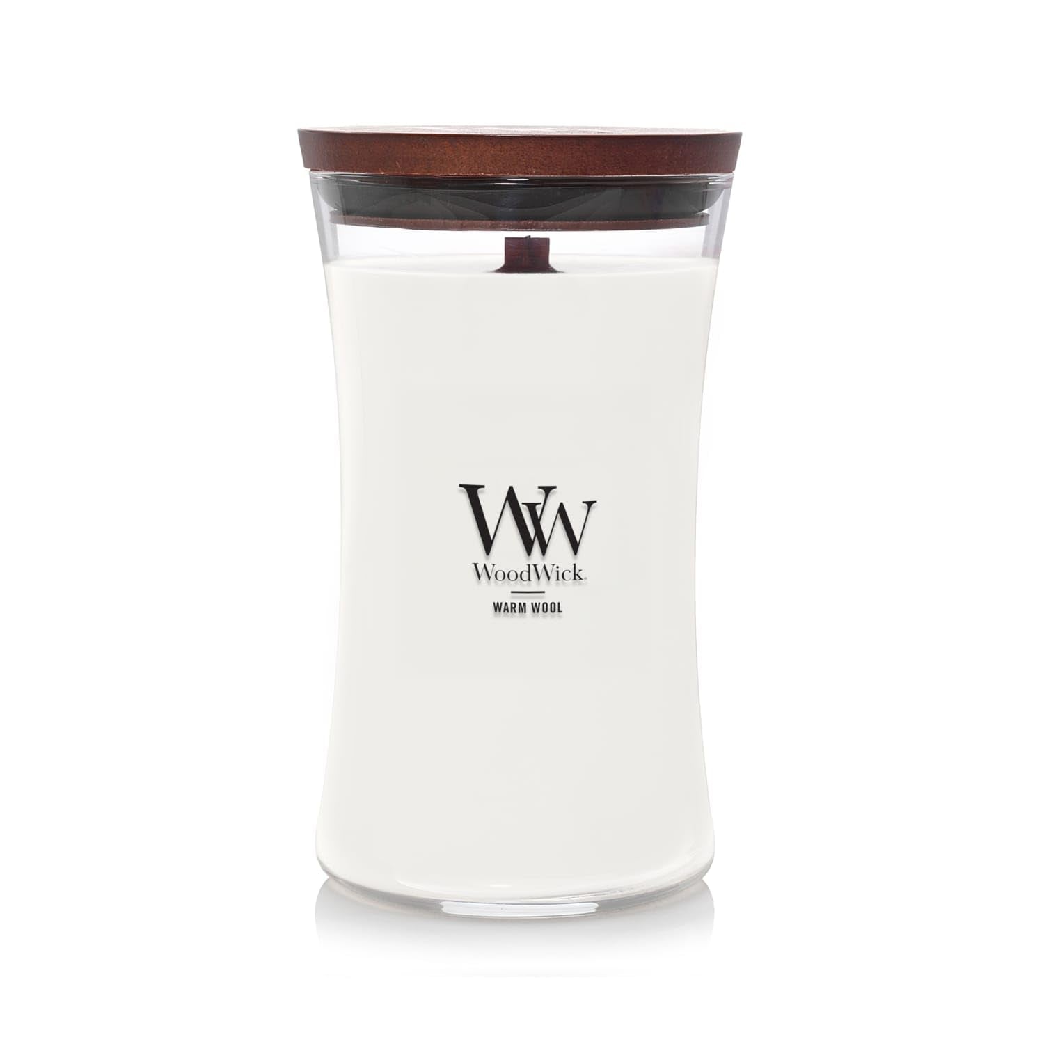 WoodWick Warm Wool hourglass front view showing elegant glass and cozy scent benefit
