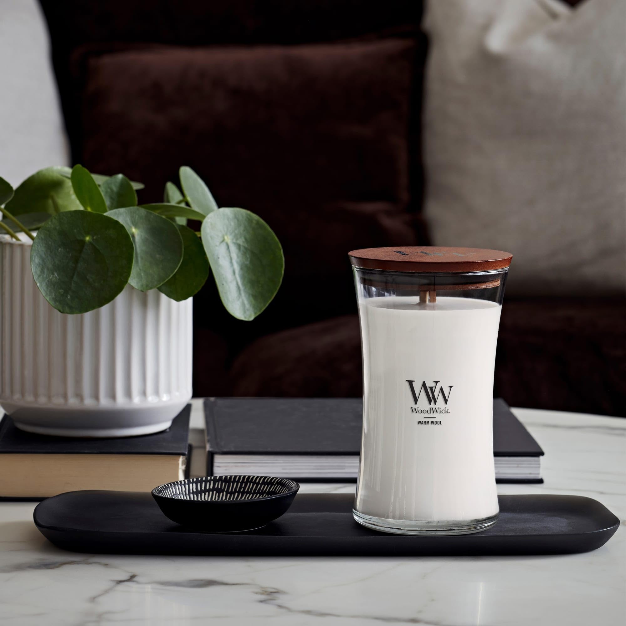 WoodWick Warm Wool wooden lid and label close-up highlighting premium presentation