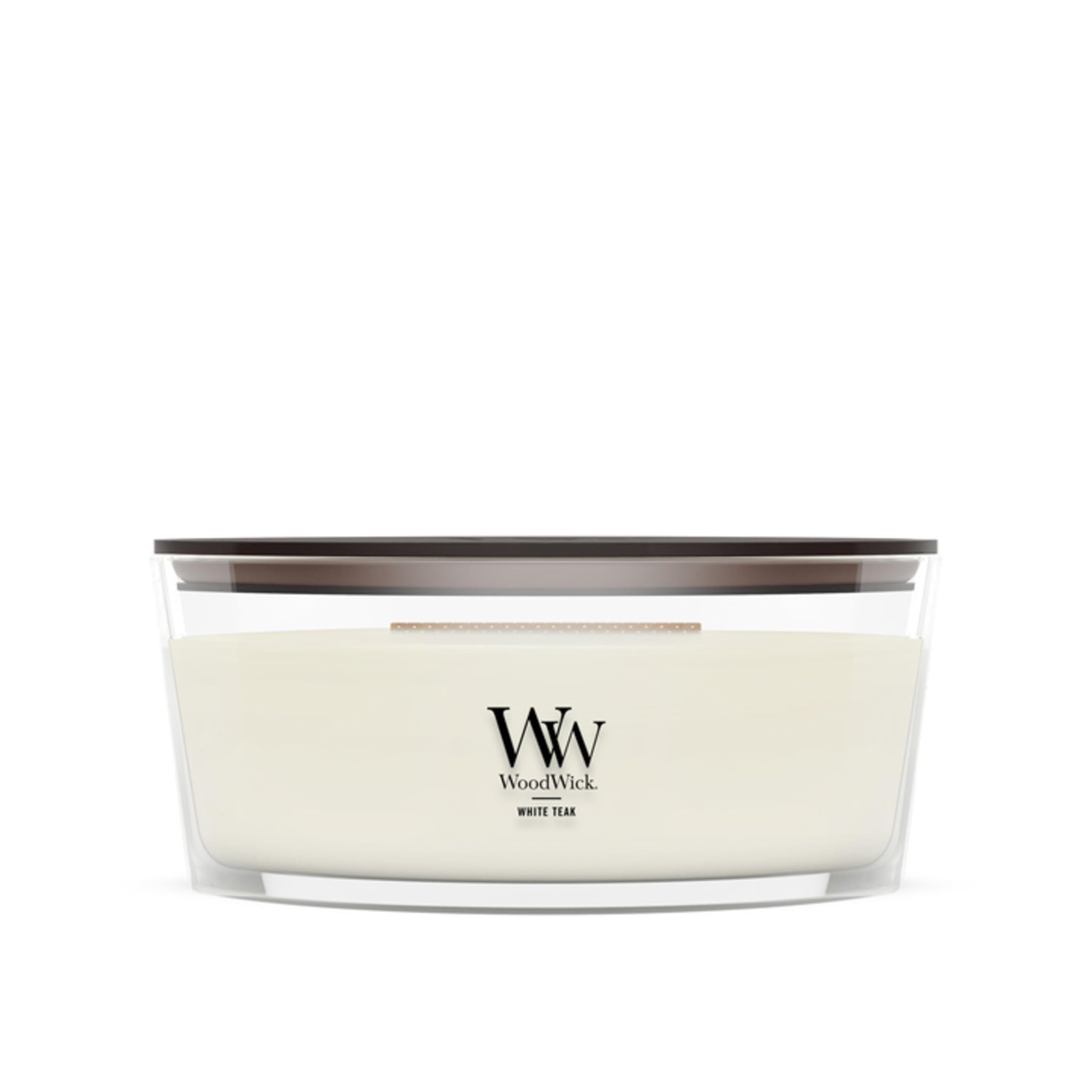 WoodWick(ウッドウィック) front packaging showing brand and White Teak scent benefit