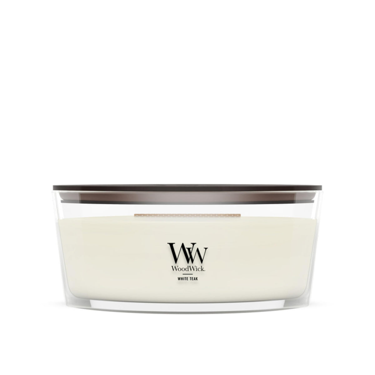 WoodWick(ウッドウィック) front packaging showing brand and White Teak scent benefit