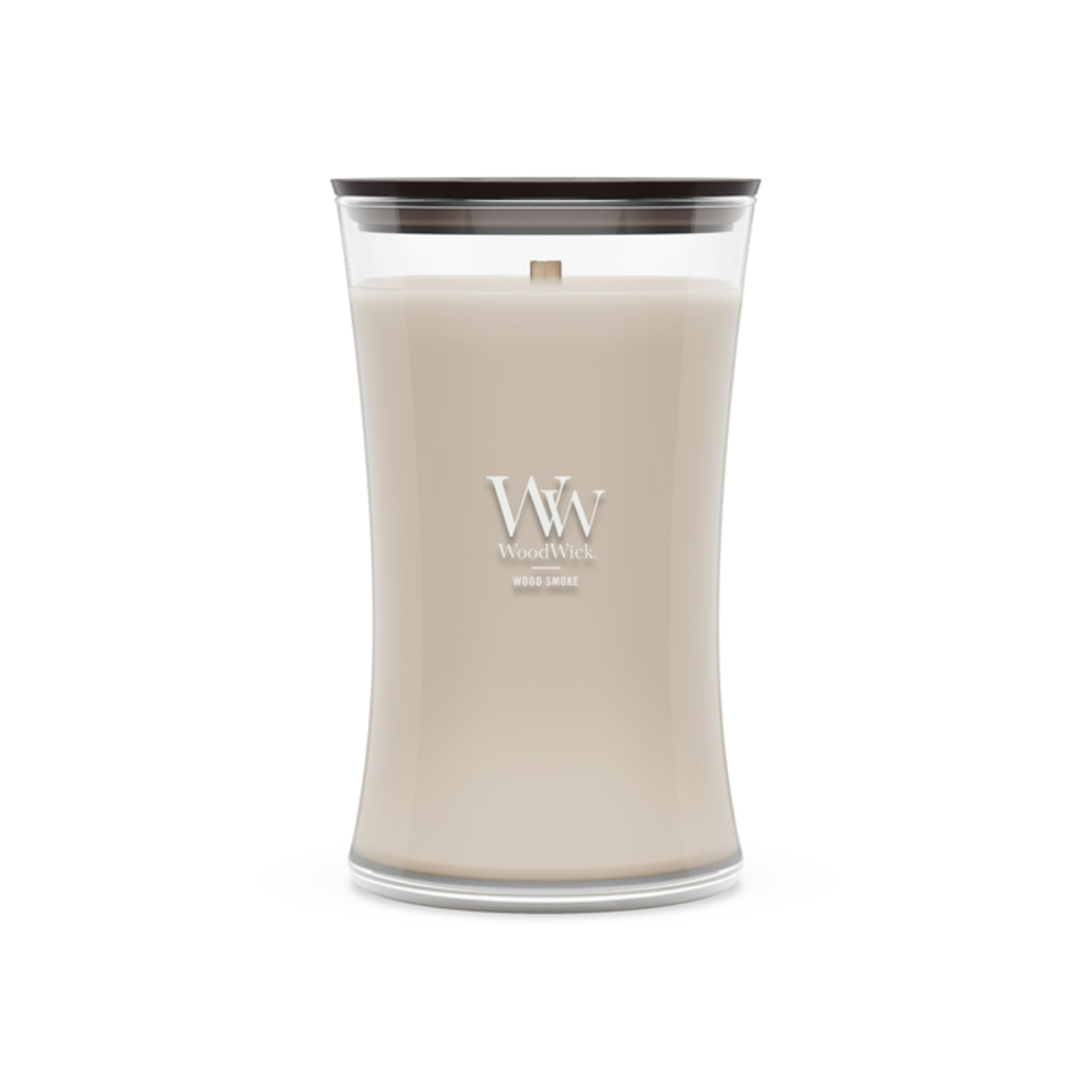 WoodWick wood smoke hourglass front packaging showing elegant glass and scent