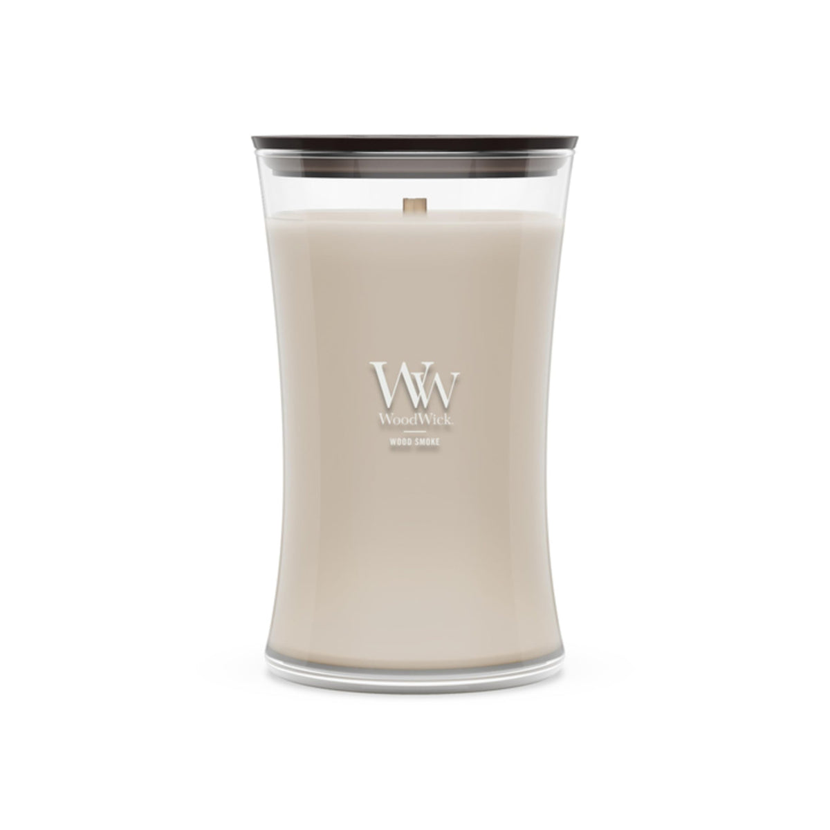 WoodWick wood smoke hourglass front packaging showing elegant glass and scent