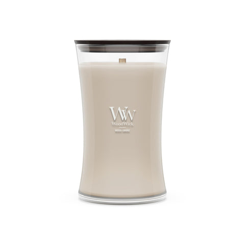 WoodWick wood smoke hourglass front packaging showing elegant glass and scent