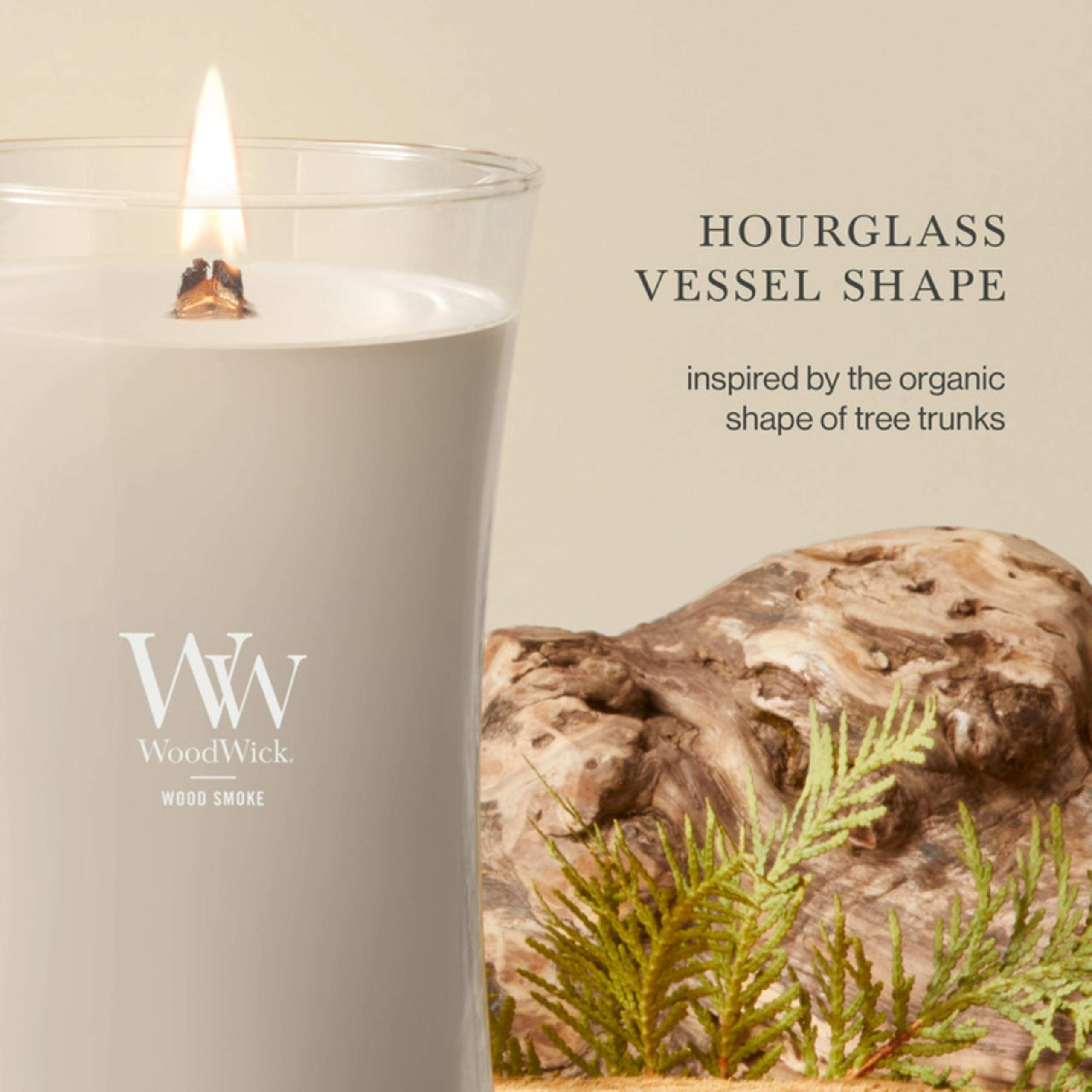 WoodWick wood smoke side label detail highlighting scent name and quality