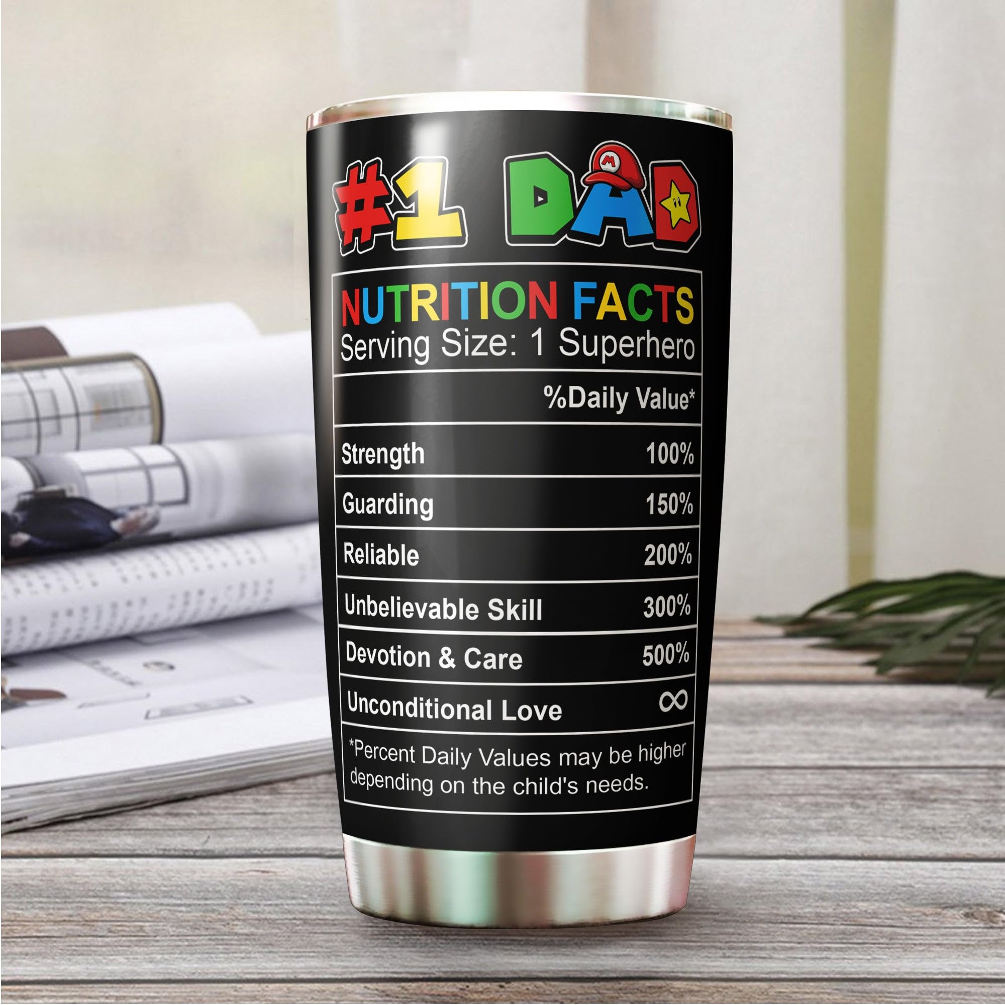 WOOKOO Dad tumbler next to a phone for 20 oz capacity scale