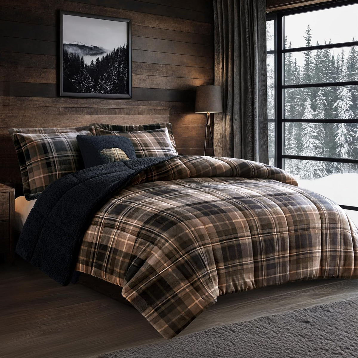 Woolrich front view comforter set showing plaid plush and coordinated shams, enhances cabin style