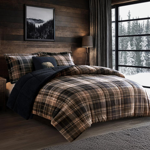 Woolrich front view comforter set showing plaid plush and coordinated shams, enhances cabin style