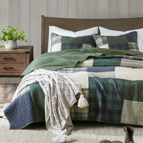 Woolrich front view of Mill Creek quilt set showing plaid coverlet and shams, adds rustic charm