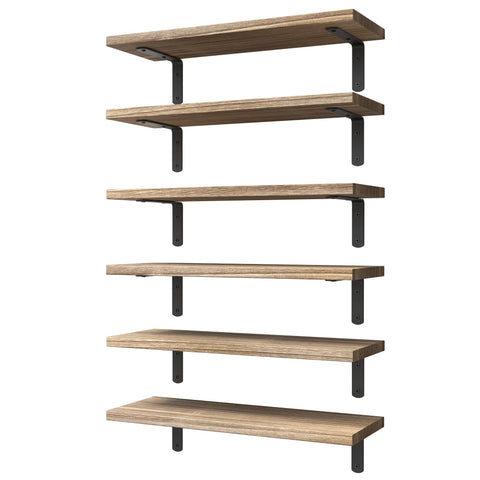 WOPITUES front view of six rustic brown floating shelves showing handcrafted finish and uniform size