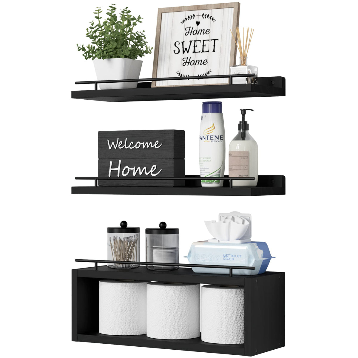 WOPITUES front view of black floating shelves showing clean storage and sleek design