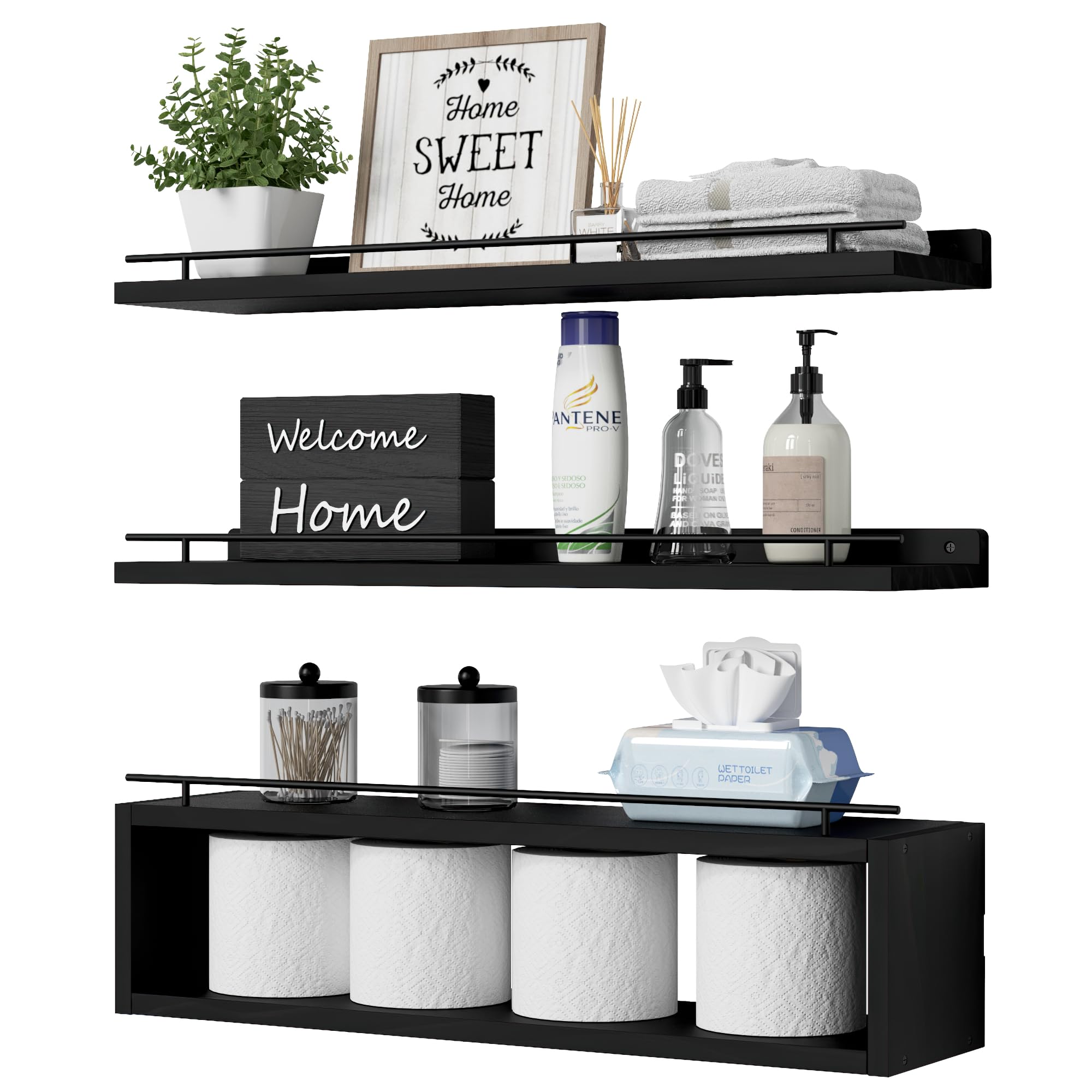 WOPITUES front view of 24-inch black floating shelves showing tidy storage