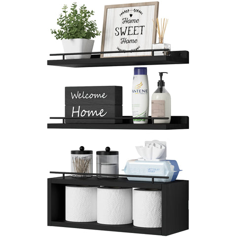 WOPITUES front view of black floating shelves showing clean storage and sleek design