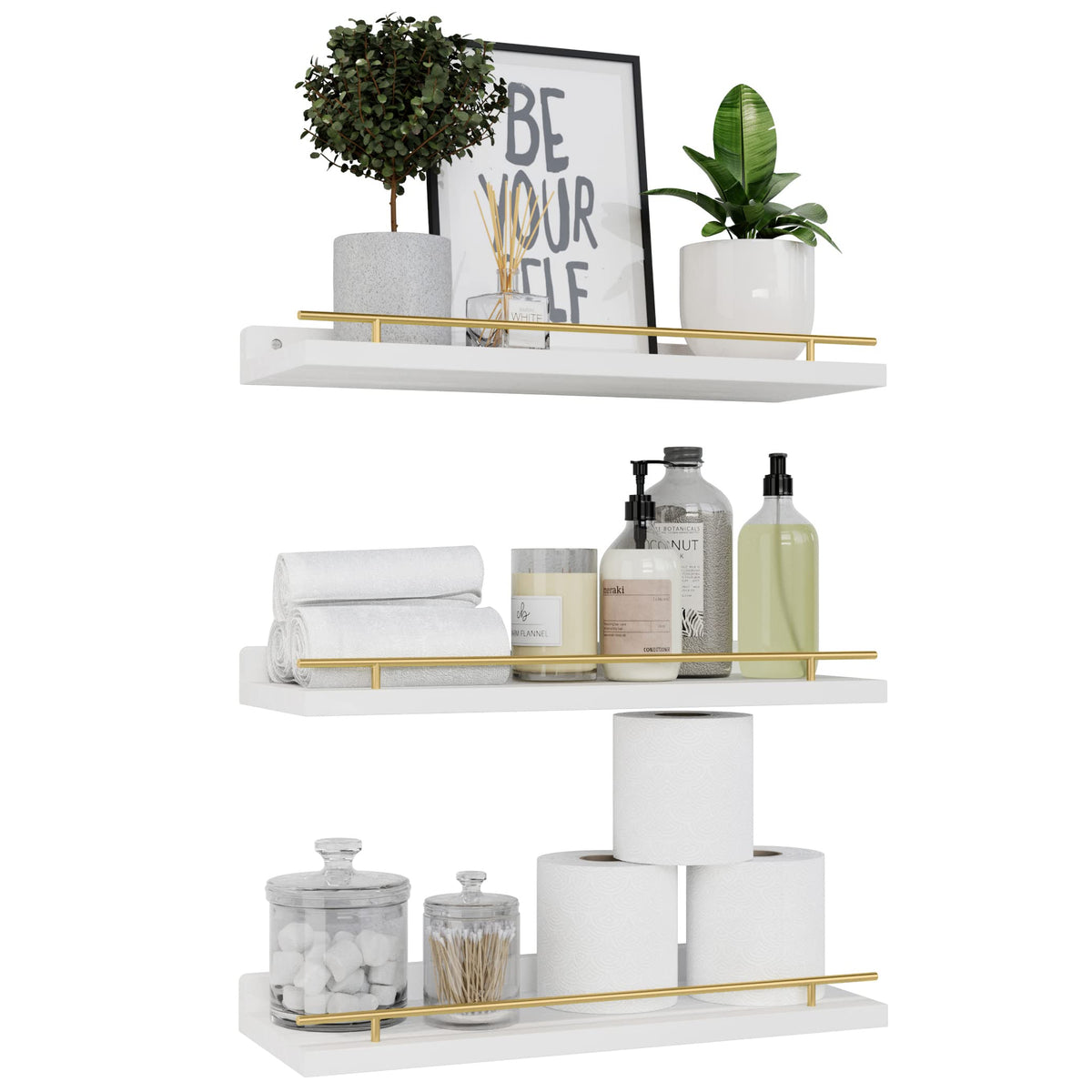 WOPITUES front view of three white shelves with gold guardrails showcasing tidy décor
