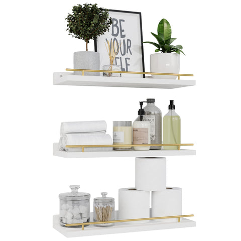 WOPITUES front view of three white shelves with gold guardrails showcasing tidy décor