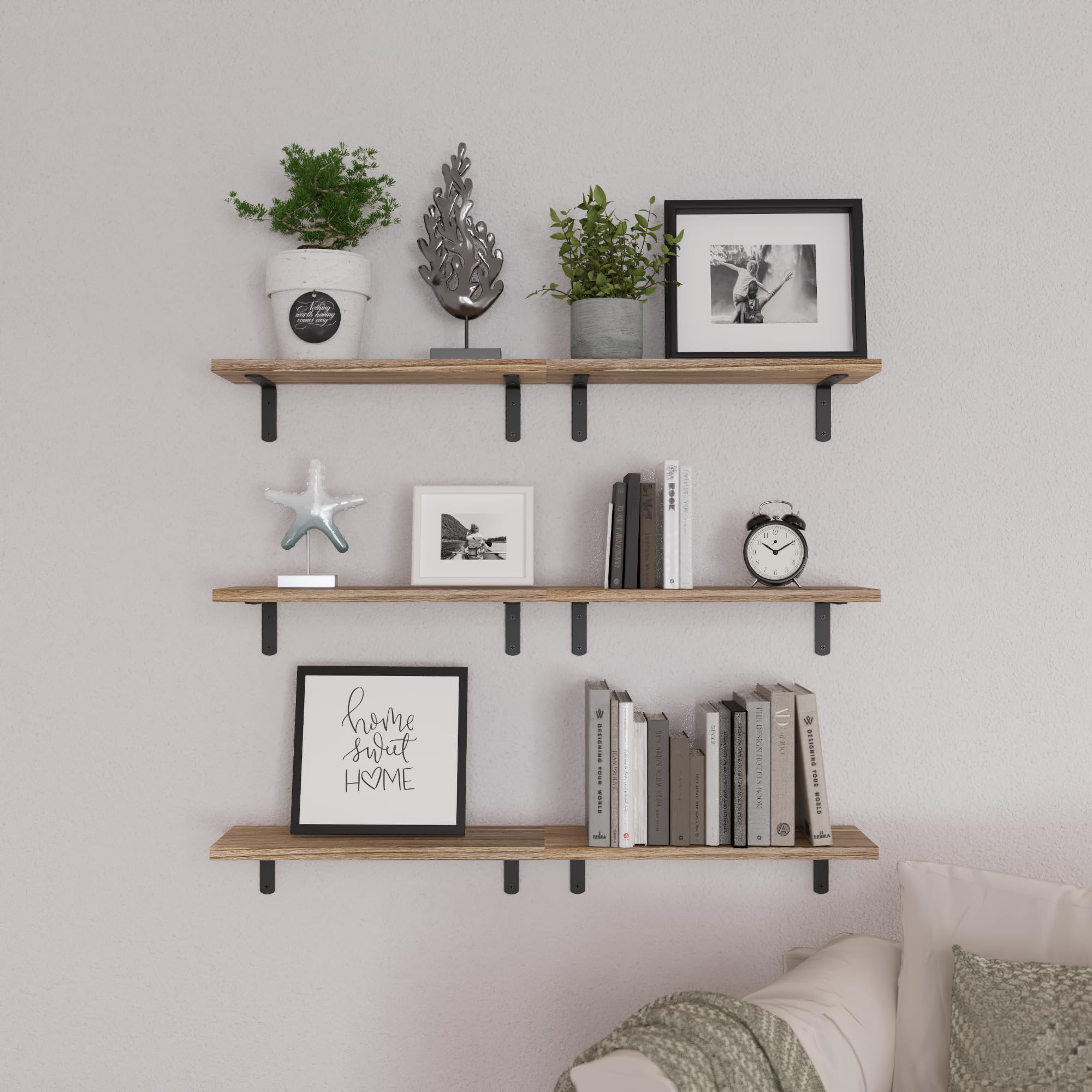 WOPITUES shelves styled in living room with plants and photos adding warm decorative storage