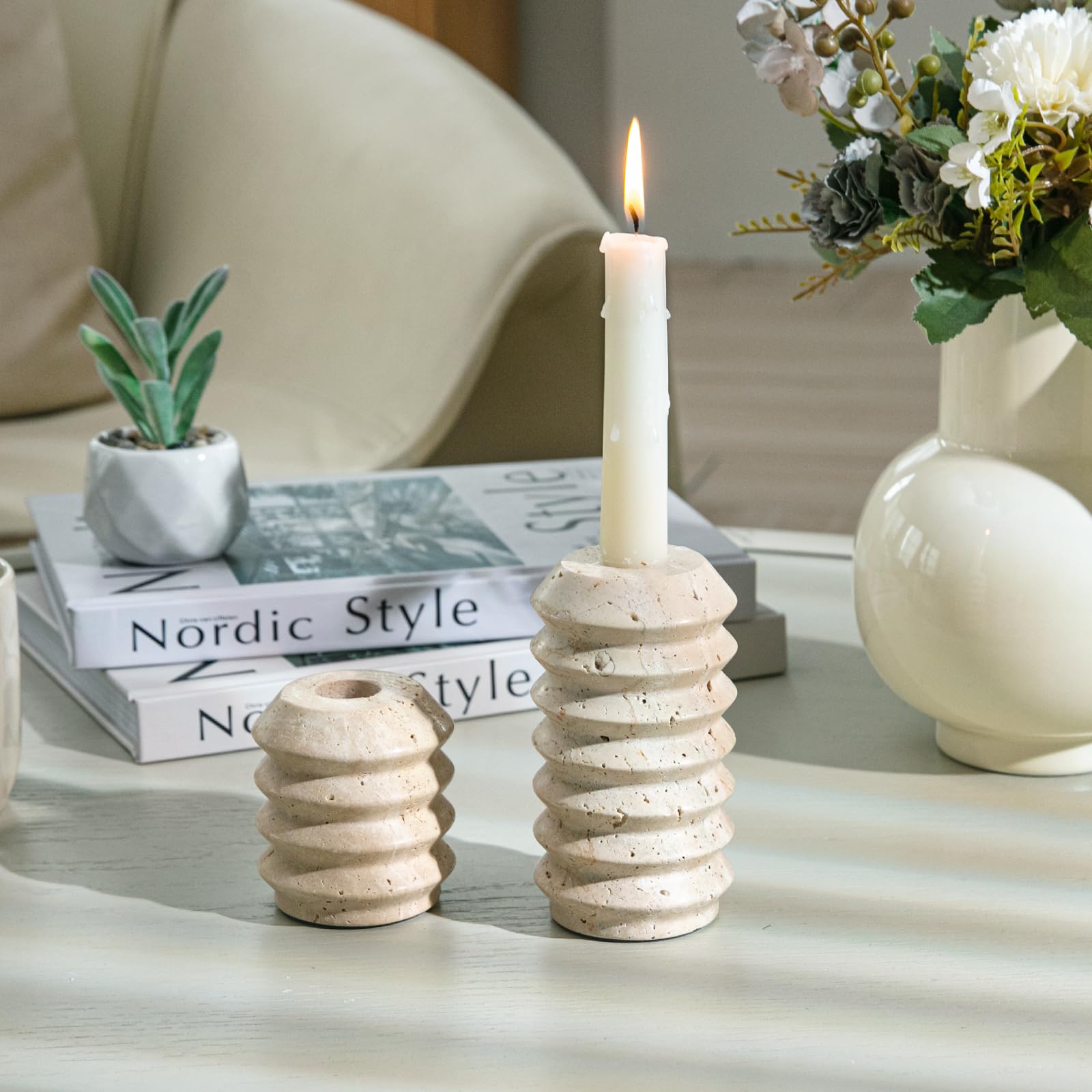 WORHE taper candle inserted and lit to show secure, stable burn