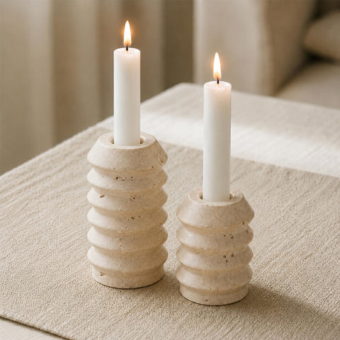 WORHE front view of travertine candle holders showing design and stability