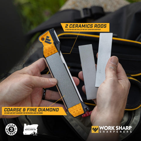 WORK SHARP ceramic rod closeup with grooved hook area for multi-surface honing