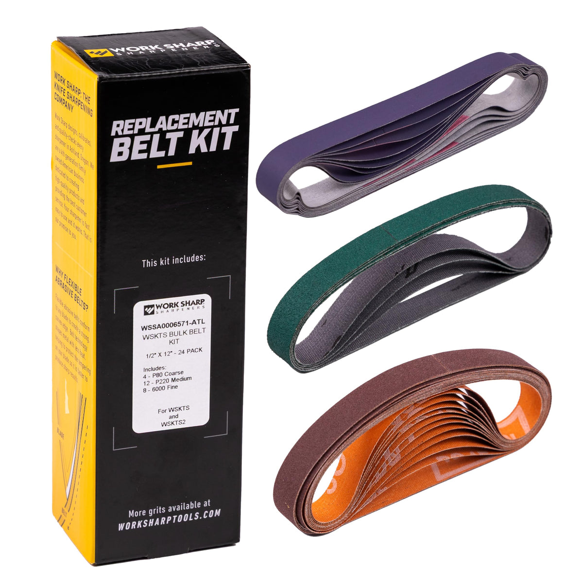 Work Sharp bulk belt kit front view showing full 24-belt assortment and packaging benefit