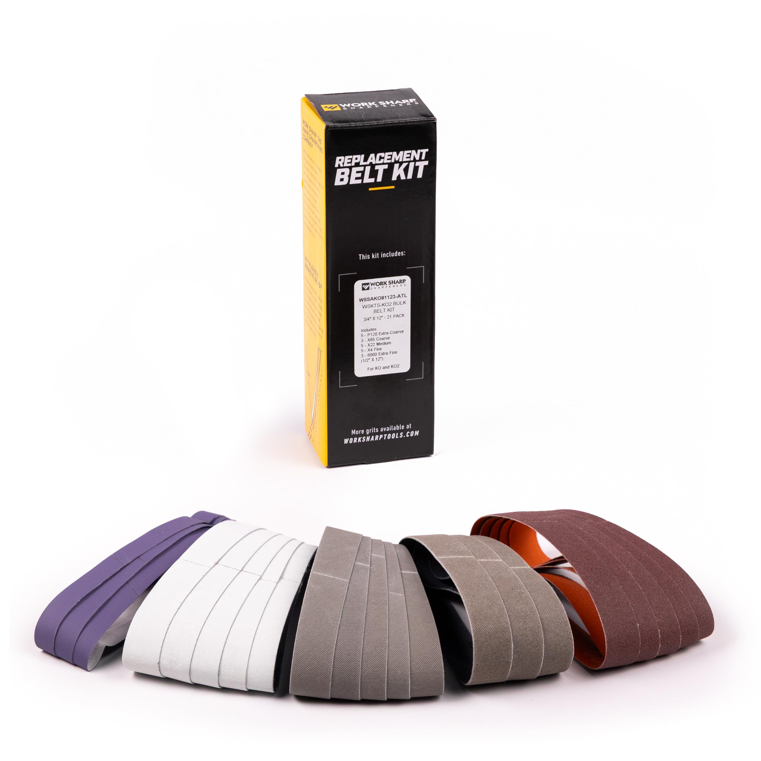 Work Sharp front packaging showing 21-belt kit and clear contents for easy selection